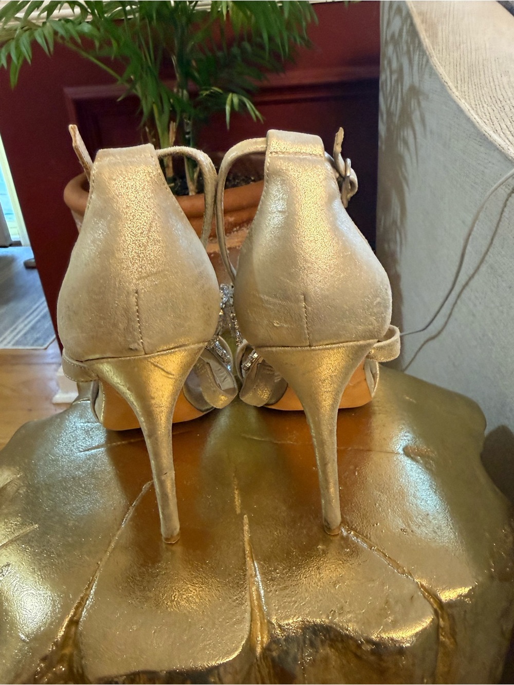 Badgley Mischka Champagne Crystal T-Strap Heels - Picture 3 of 5